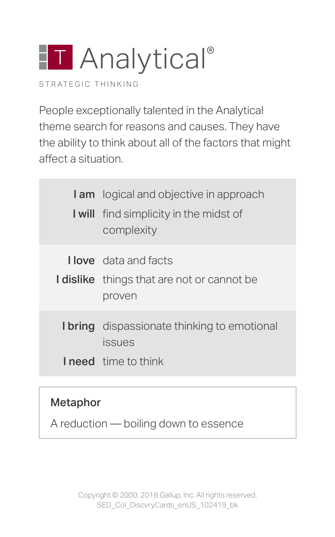 Analytical strength card emphasizing logical thinking, evidence, and understanding causes.