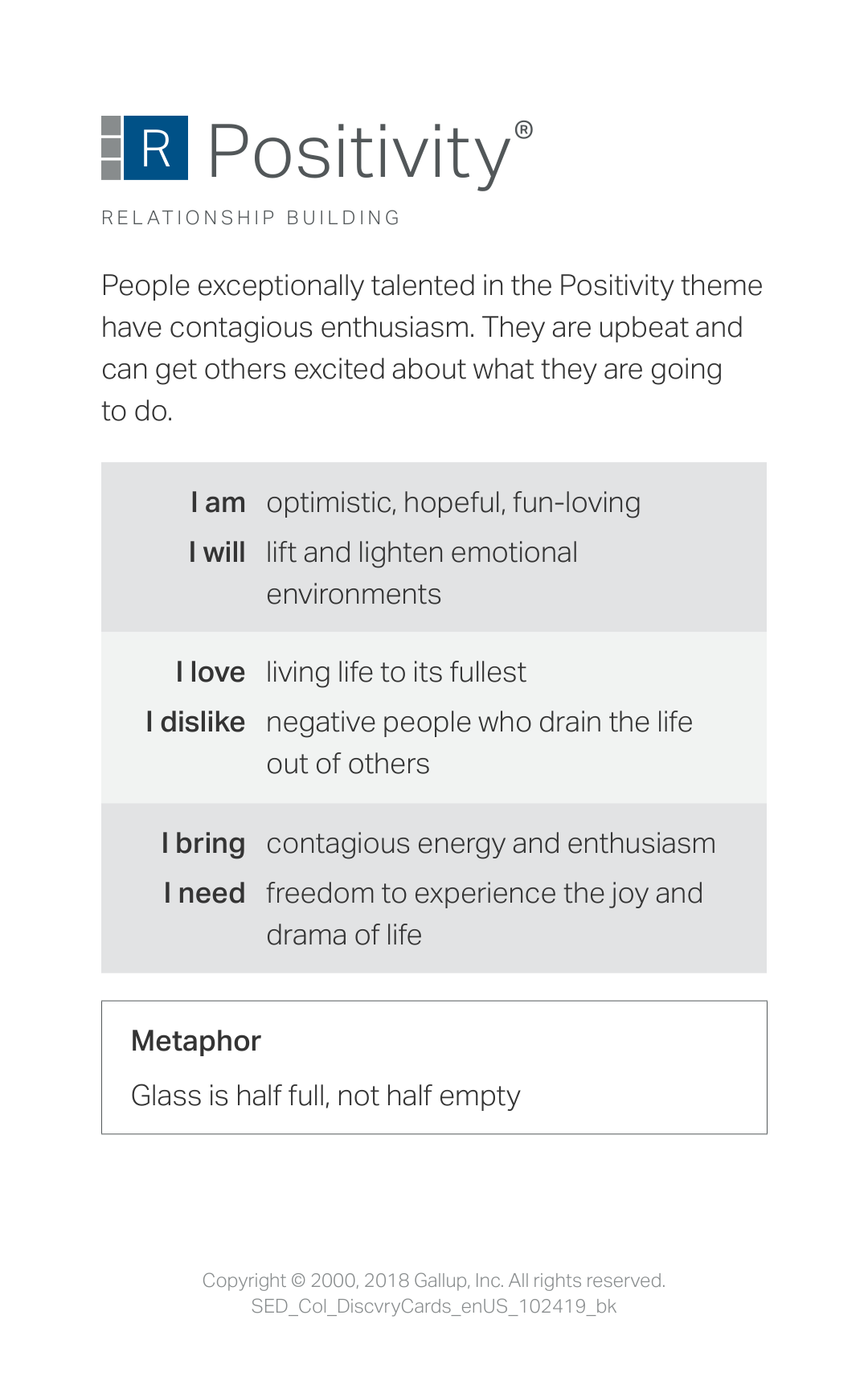 Positivity strength card emphasizing optimism, enthusiasm, and encouraging others.